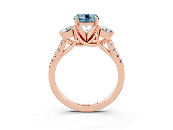 Rose gold Three-Stone Round Cut Aquamarine Pavé Band with Four-Prong Setting
