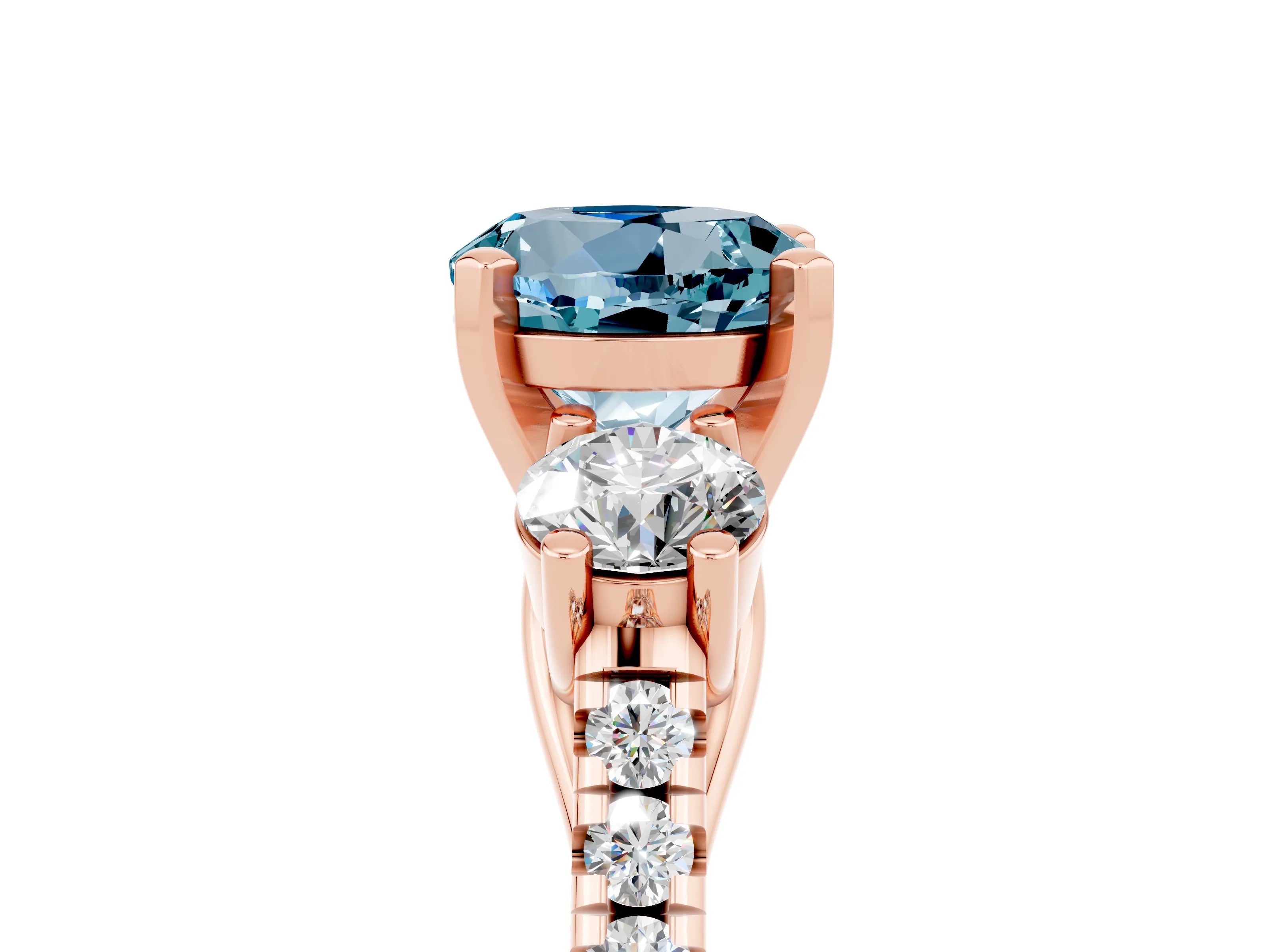 Rose gold Three-Stone Round Cut Aquamarine Pavé Band with Four-Prong Setting_5