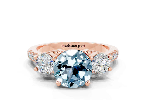 Rose gold Three-Stone Round Cut Aquamarine Pavé Band with Four-Prong Setting