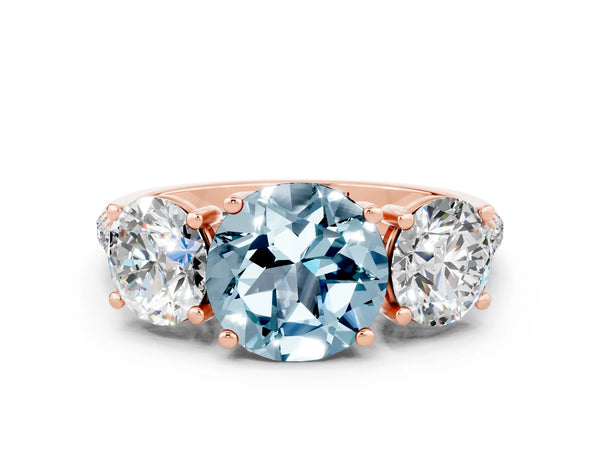 Rose gold Three-Stone Round Cut Aquamarine Ring with Round  Pavé Band and Prong Setting