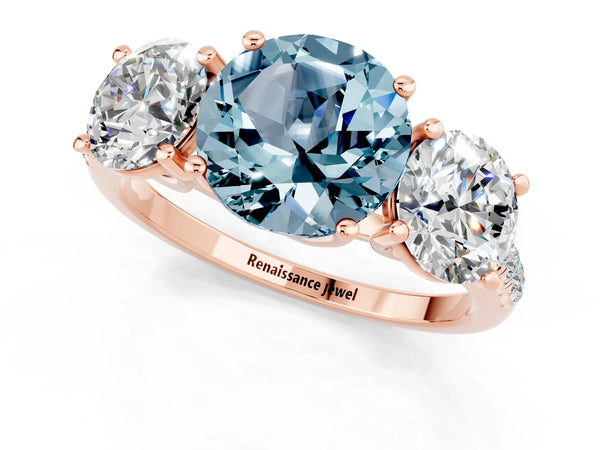 Rose gold Three-Stone Round Cut Aquamarine Ring with Round  Pavé Band and Prong Setting