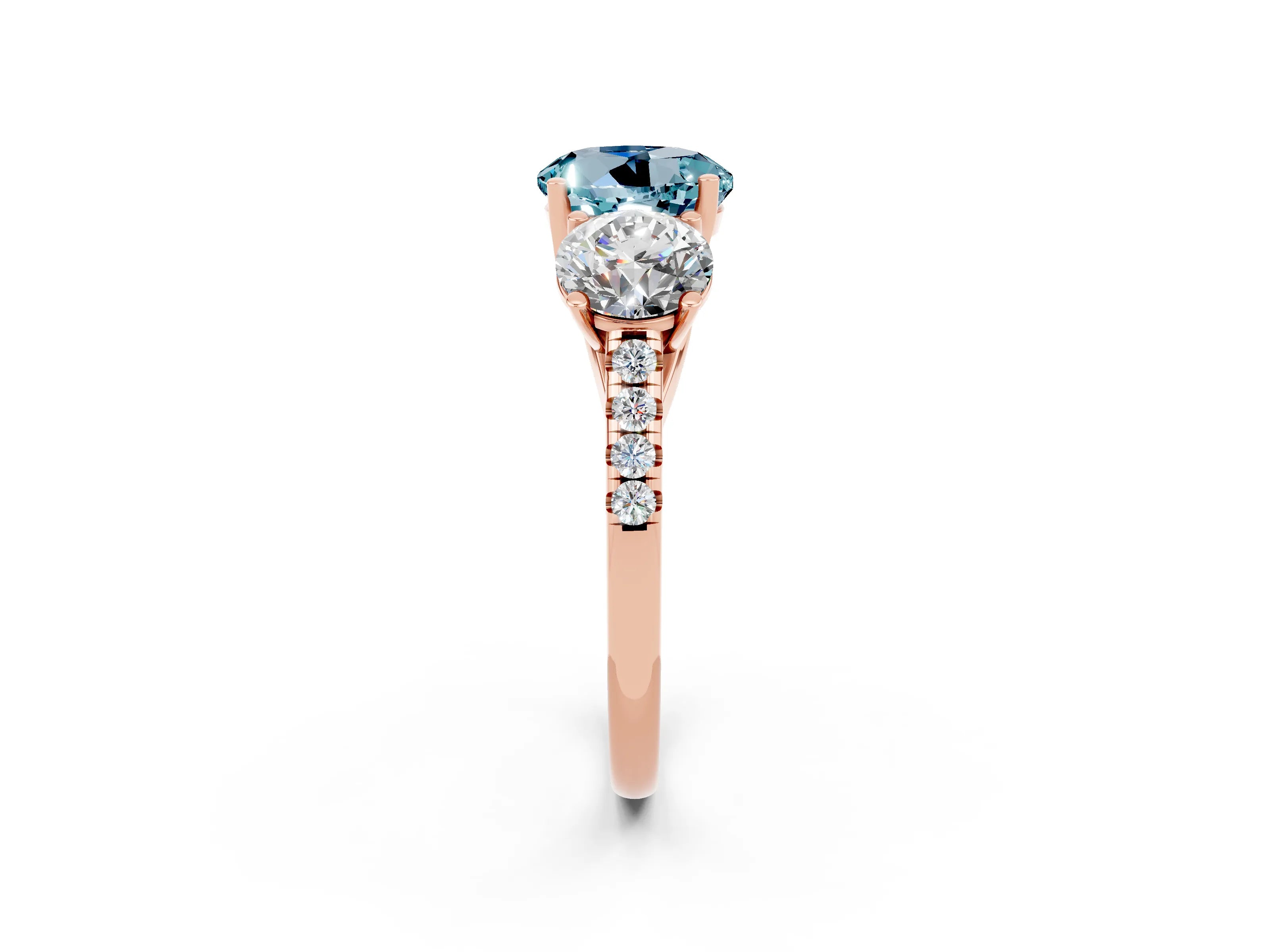 Rose gold Three-Stone Round Cut Aquamarine Ring with Pavé Band and Prong Setting_14
