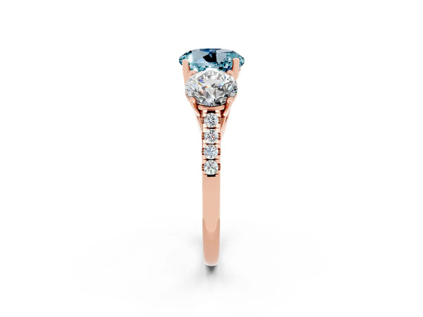Rose gold Three-Stone Round Cut Aquamarine Ring with Round  Pavé Band and Prong Setting