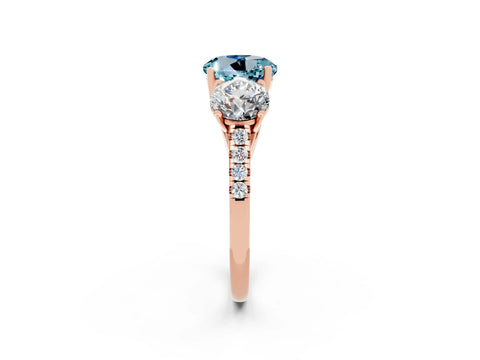 Rose gold Three-Stone Round Cut Aquamarine Ring with Pavé Band and Prong Setting_14