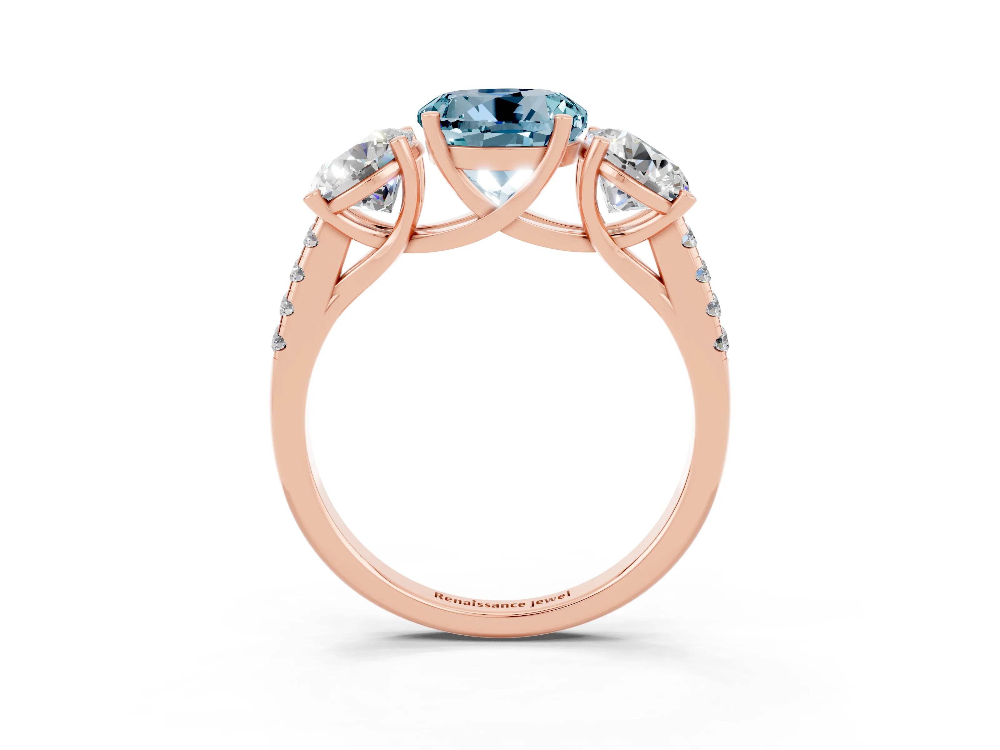 Rose gold Three-Stone Round Cut Aquamarine Ring with Pavé Band and Prong Setting_15