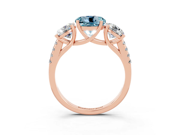 Rose gold Three-Stone Round Cut Aquamarine Ring with Round  Pavé Band and Prong Setting