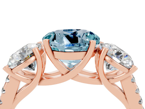 Rose gold Three-Stone Round Cut Aquamarine Ring with Pavé Band and Prong Setting_16