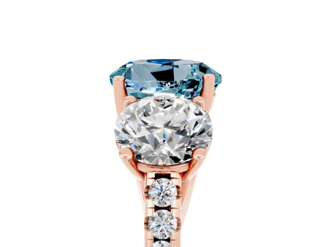 Rose gold Three-Stone Round Cut Aquamarine Ring with Pavé Band and Prong Setting_17