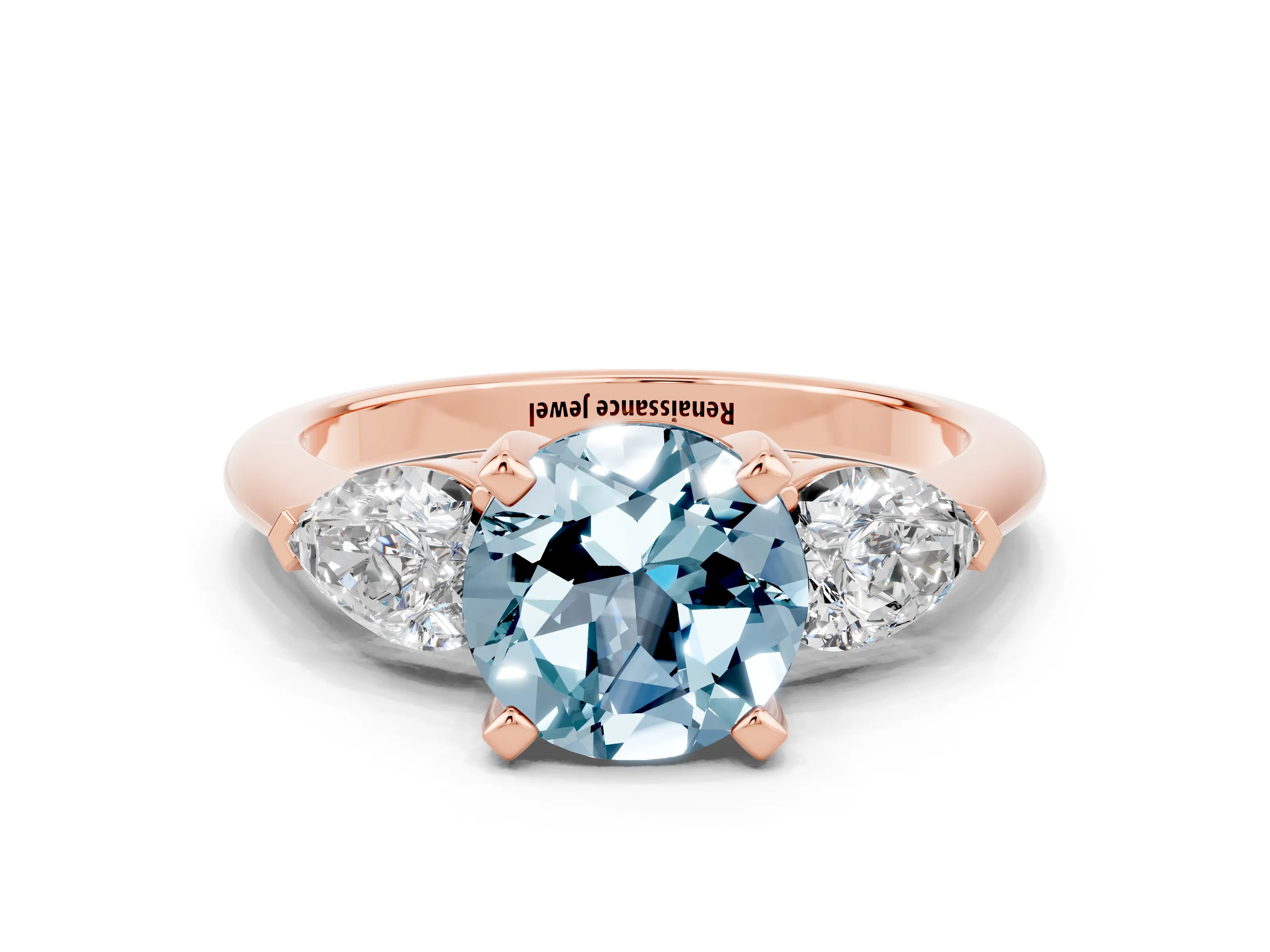 Rose gold Three-Stone Round Cut Aquamarine Ring with Pear Side Stones and Four-Prong Setting