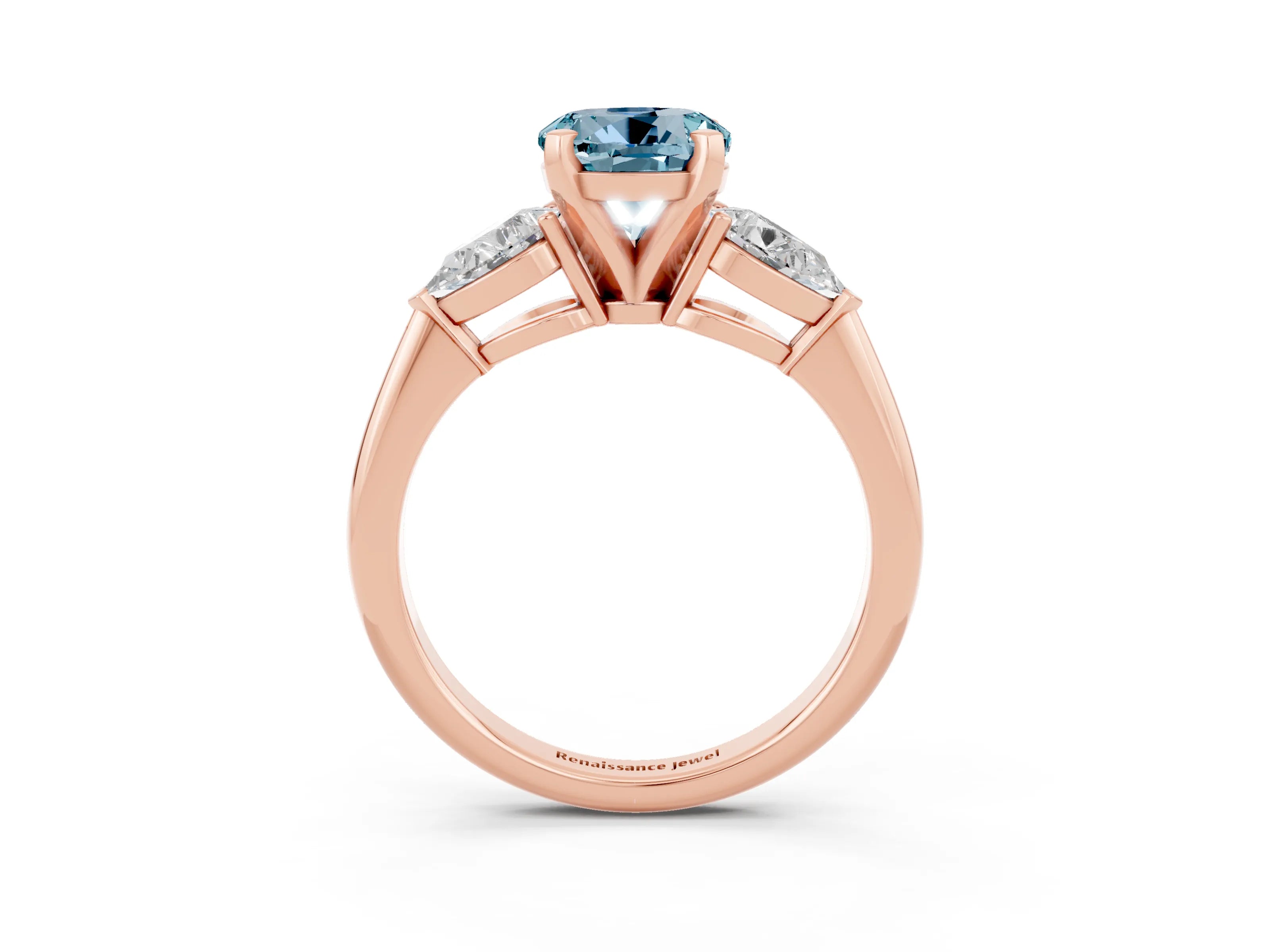 Rose gold Three-Stone Round Cut Aquamarine Ring with Pear Side Stones and Four-Prong Setting_3