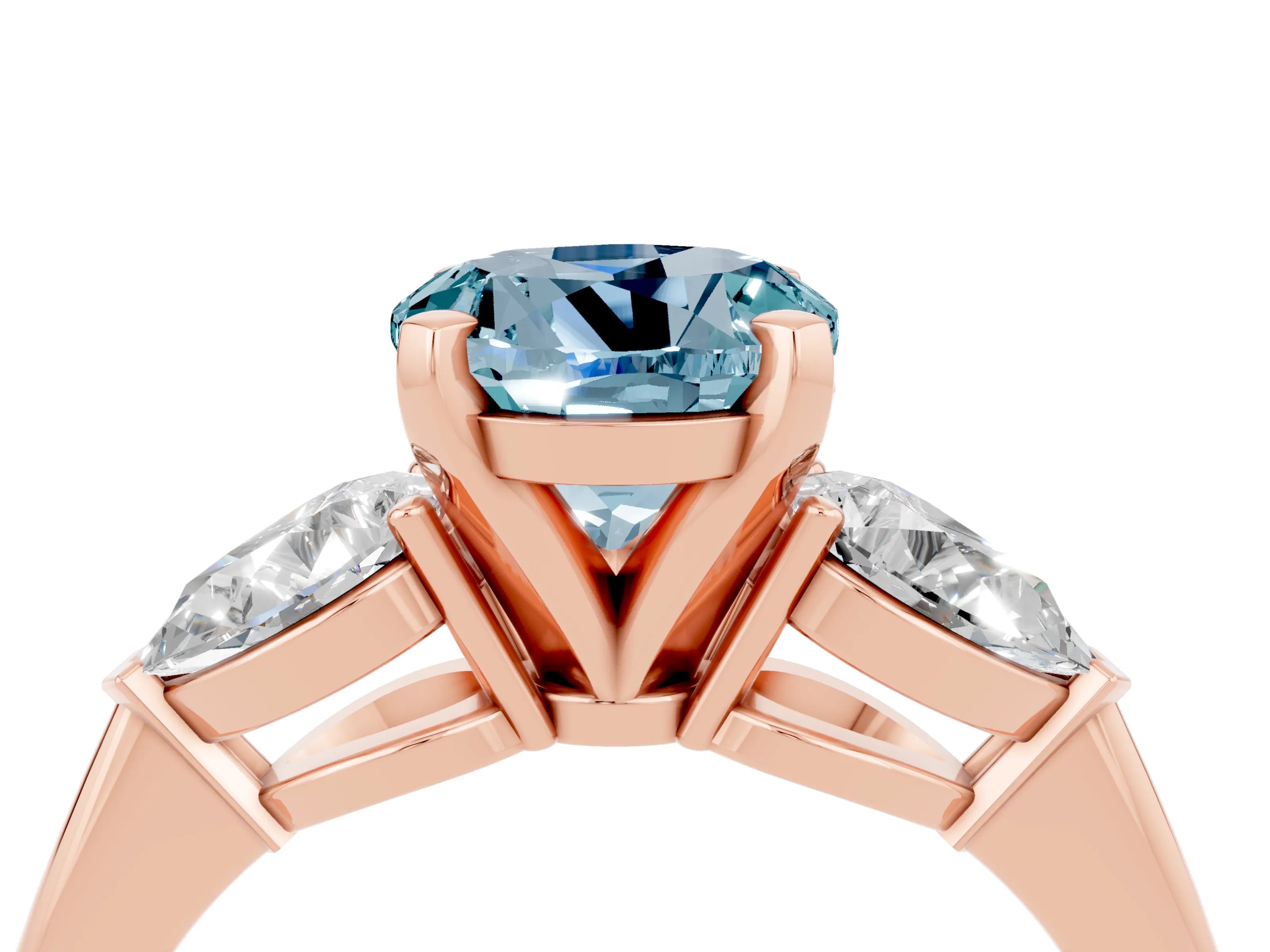 Rose gold Three-Stone Round Cut Aquamarine Ring with Pear Side Stones and Four-Prong Setting_4