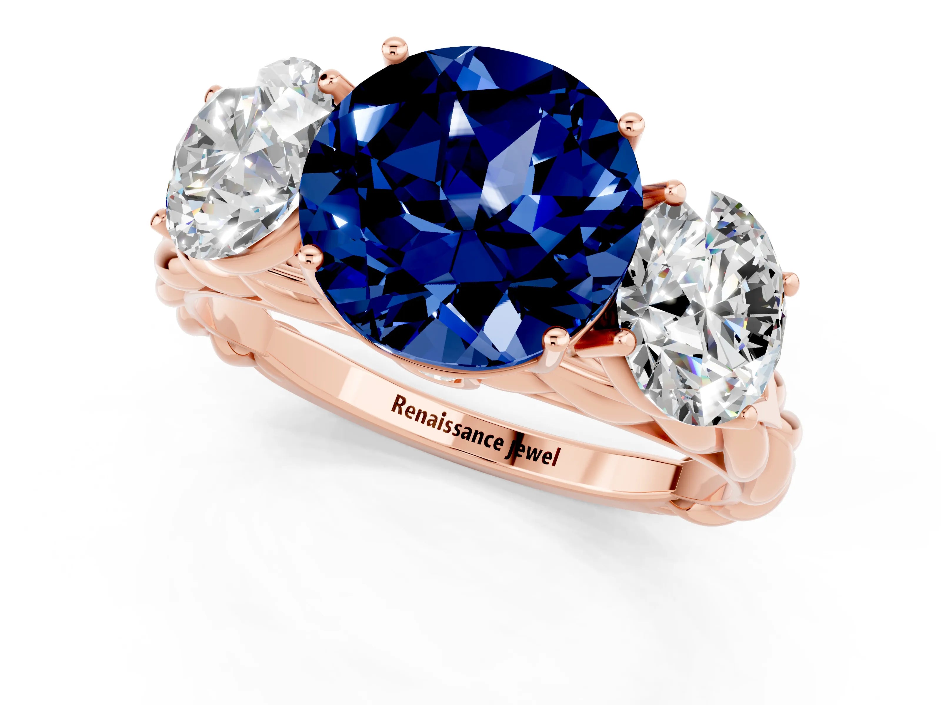 Rose gold Three-Stone Round Cut Blue Sapphire Braided Band Ring with Four-Prong Setting_13