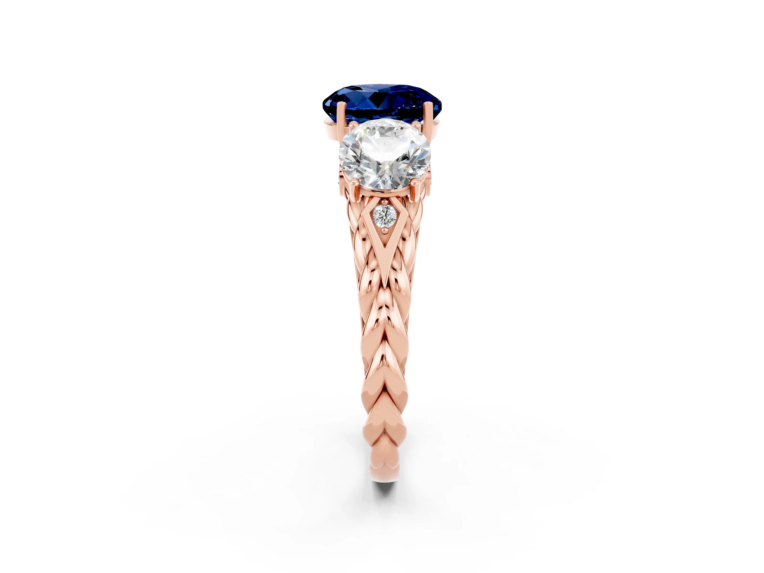 Rose gold Three-Stone Round Cut Blue Sapphire Braided Band Ring with Four-Prong Setting_14