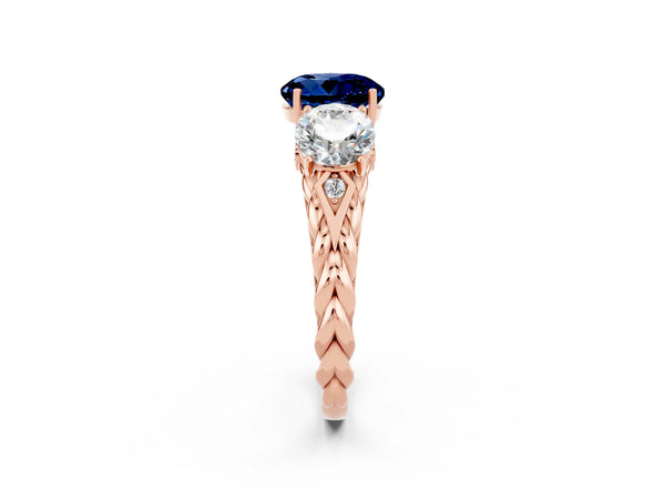 Rose gold Three-Stone Round Cut Blue Sapphire Braided Band Ring with Four-Prong Setting