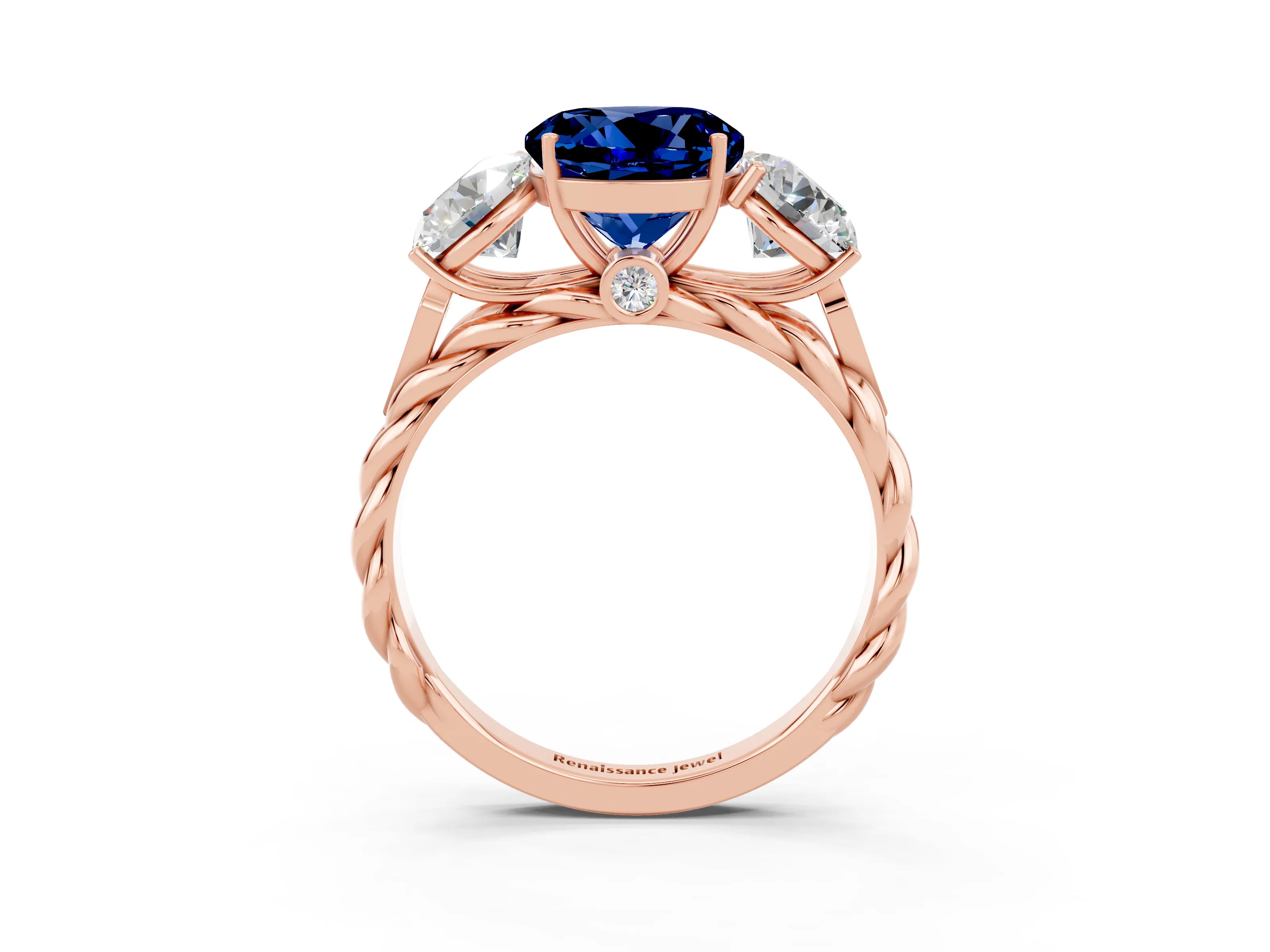 Rose gold Three-Stone Round Cut Blue Sapphire Braided Band Ring with Four-Prong Setting_15