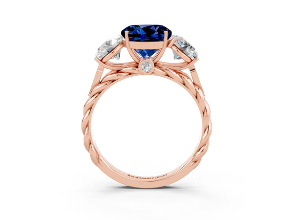 Rose gold Three-Stone Round Cut Blue Sapphire Braided Band Ring with Four-Prong Setting