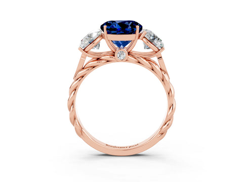 Rose gold Three-Stone Round Cut Blue Sapphire Braided Band Ring with Four-Prong Setting_15