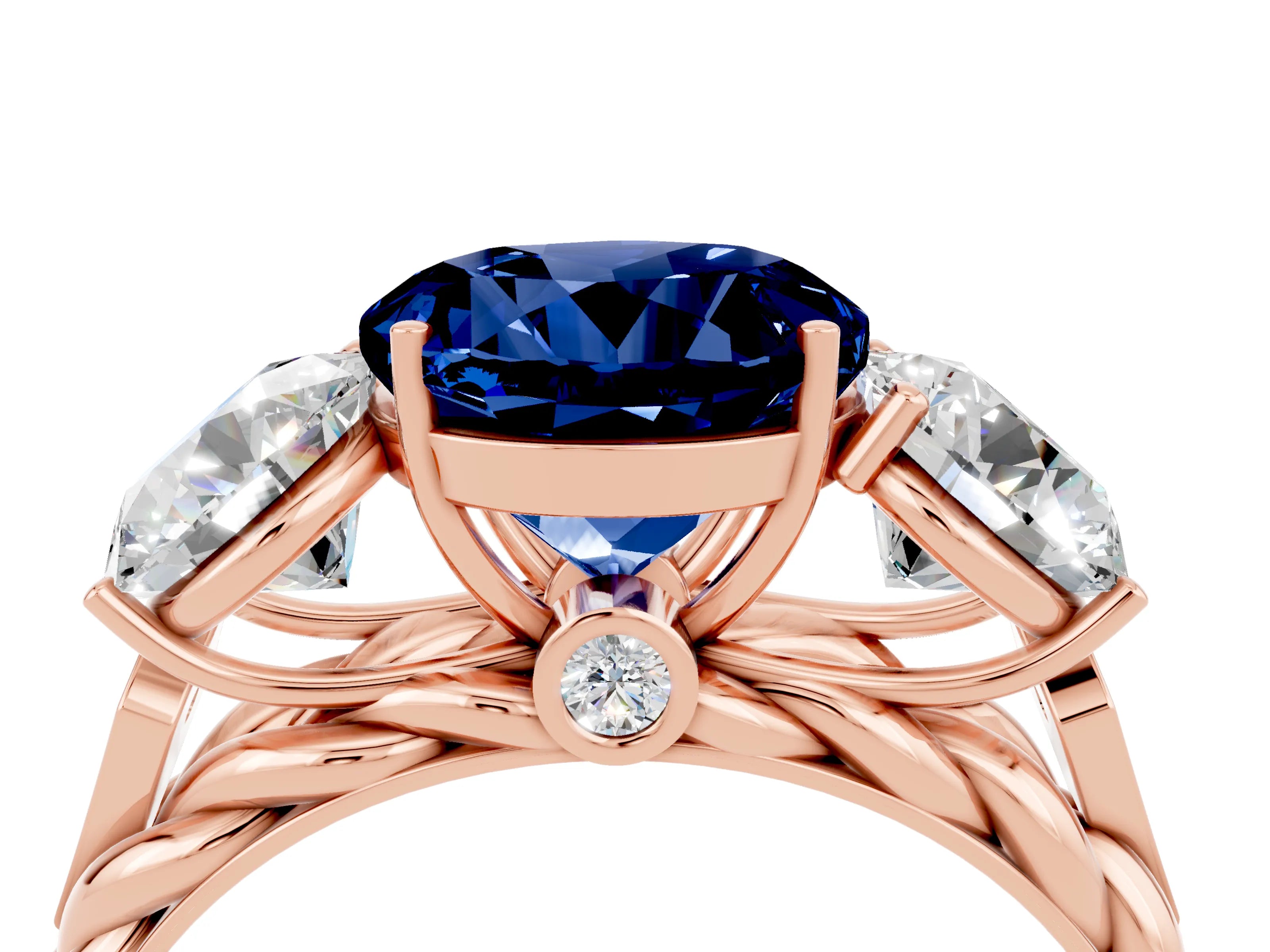 Rose gold Three-Stone Round Cut Blue Sapphire Braided Band Ring with Four-Prong Setting_16