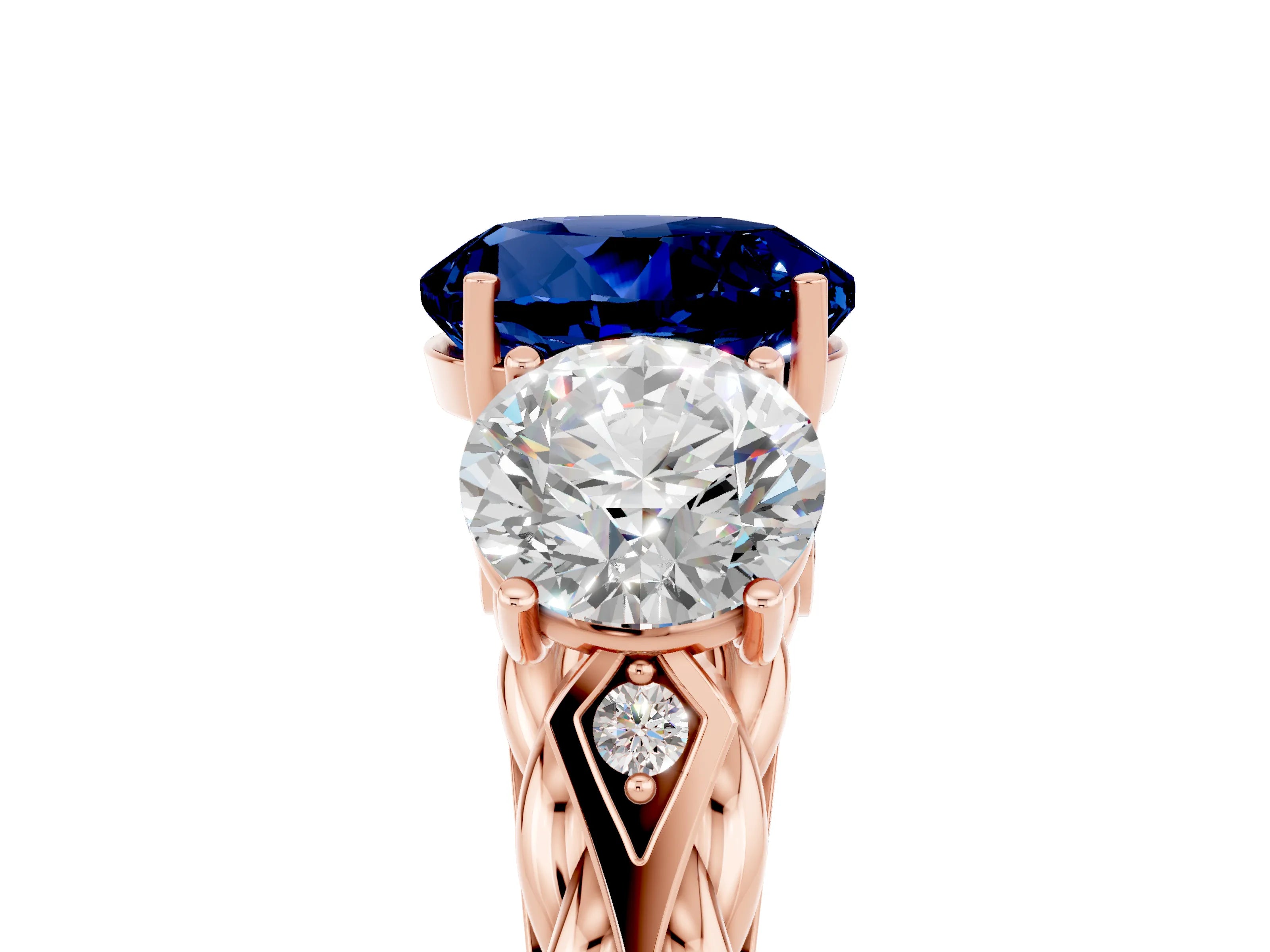 Rose gold Three-Stone Round Cut Blue Sapphire Braided Band Ring with Four-Prong Setting_17