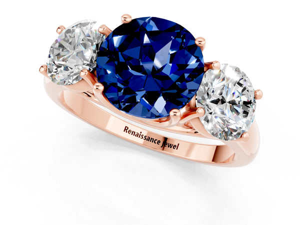 Rose gold Three-Stone Round Cut Blue Sapphire Engagement Ring with Prong Setting
