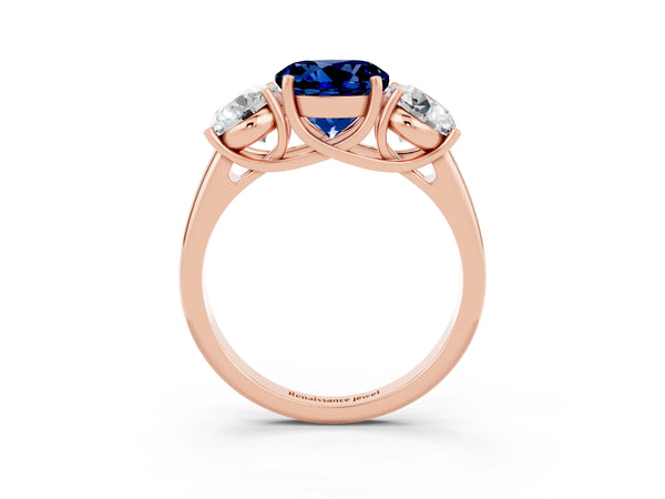 Rose gold Three-Stone Round Cut Blue Sapphire Engagement Ring with Prong Setting