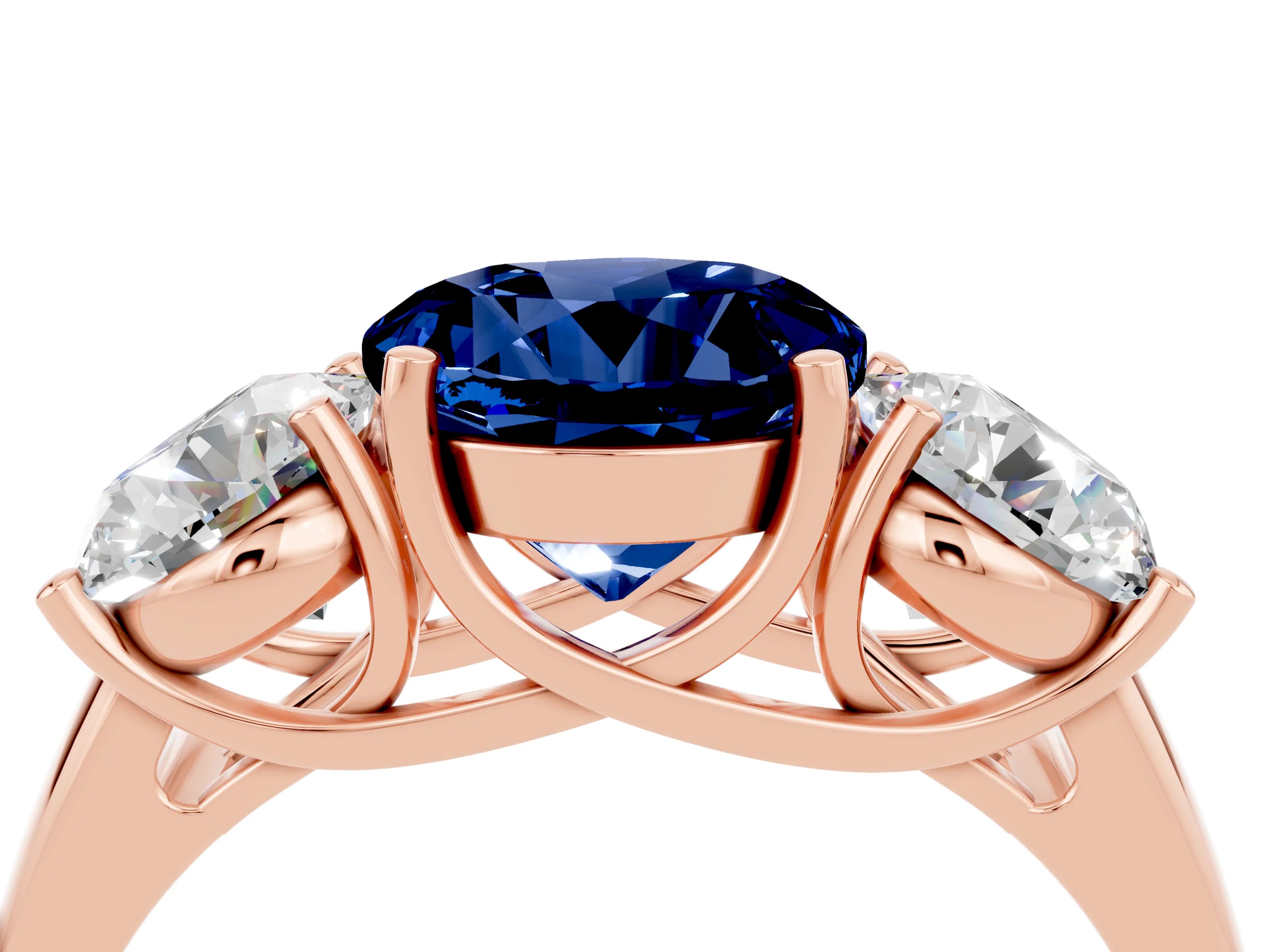 Rose gold Three-Stone Round Cut Blue Sapphire Engagement Ring with Prong Setting_4
