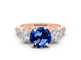 Rose gold Three-Stone Round Cut Blue Sapphire Pavé Band with Four-Prong Setting