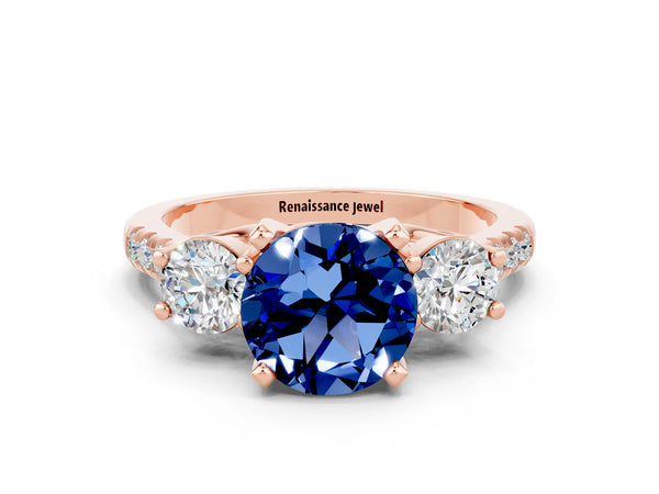 Rose gold Three-Stone Round Cut Blue Sapphire Pavé Band with Four-Prong Setting