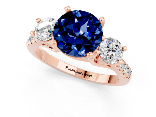 Rose gold Three-Stone Round Cut Blue Sapphire Pavé Band with Four-Prong Setting