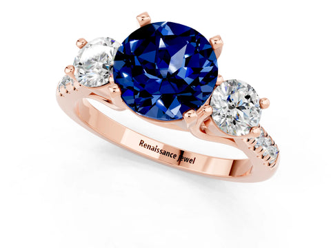 Rose gold Three-Stone Round Cut Blue Sapphire Pavé Band with Four-Prong Setting_1
