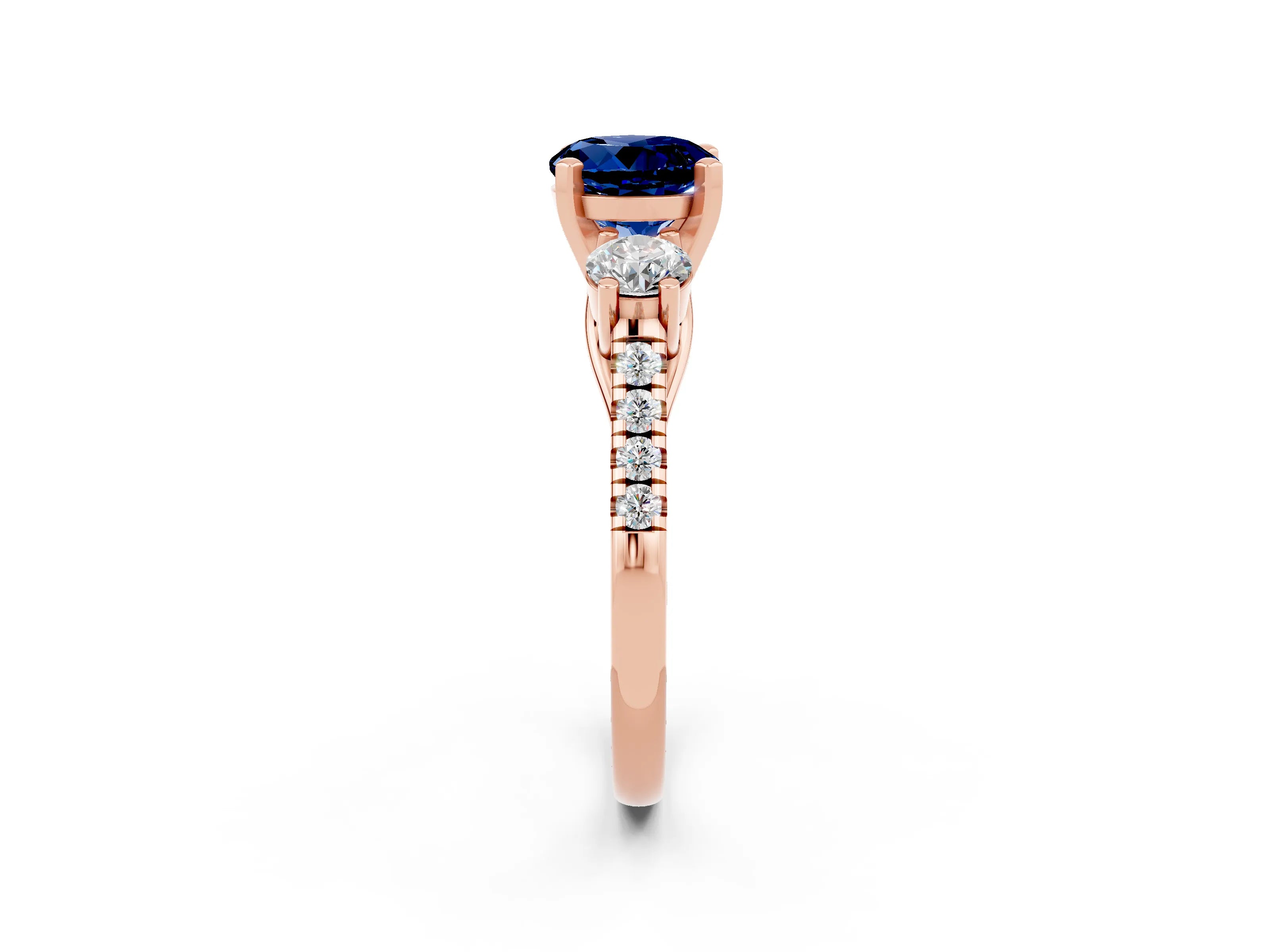 Rose gold Three-Stone Round Cut Blue Sapphire Pavé Band with Four-Prong Setting_2