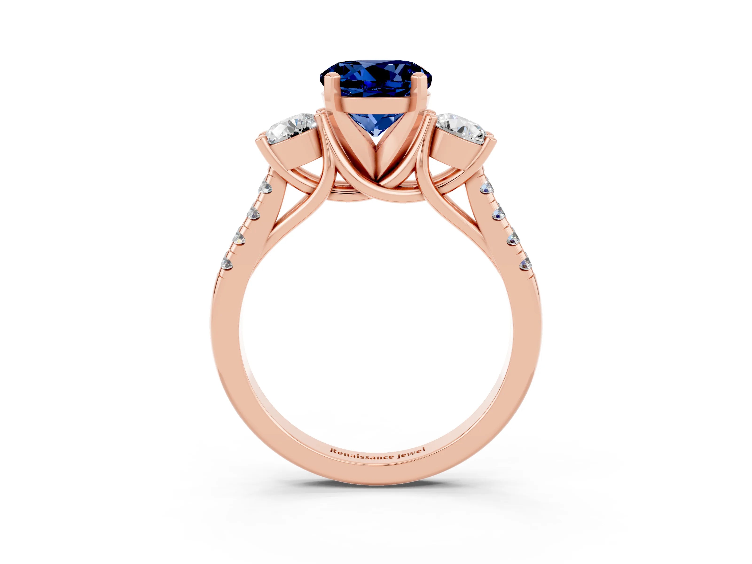 Rose gold Three-Stone Round Cut Blue Sapphire Pavé Band with Four-Prong Setting_3