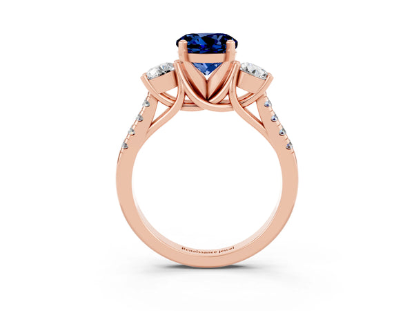 Rose gold Three-Stone Round Cut Blue Sapphire Pavé Band with Four-Prong Setting
