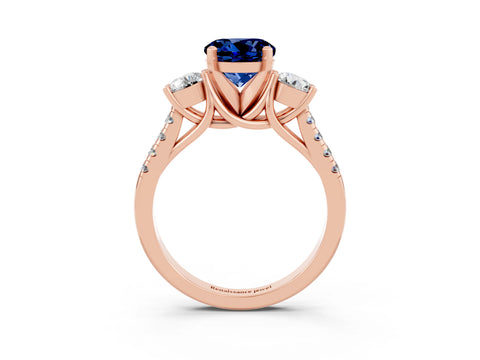 Rose gold Three-Stone Round Cut Blue Sapphire Pavé Band with Four-Prong Setting_3