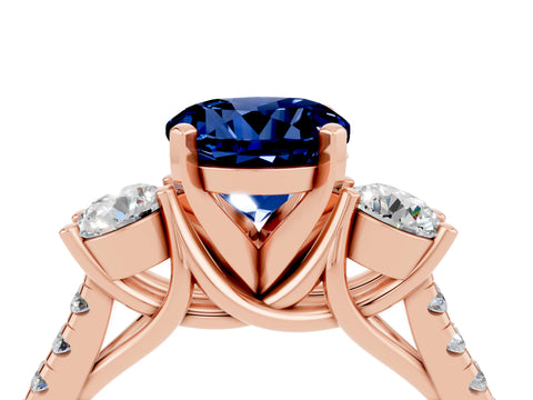 Rose gold Three-Stone Round Cut Blue Sapphire Pavé Band with Four-Prong Setting_4