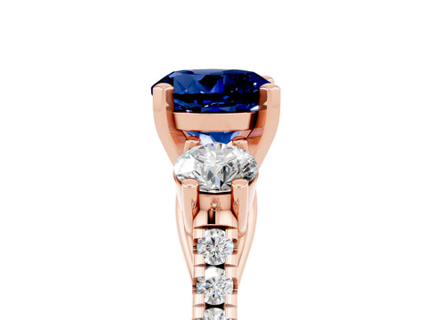 Rose gold Three-Stone Round Cut Blue Sapphire Pavé Band with Four-Prong Setting_5