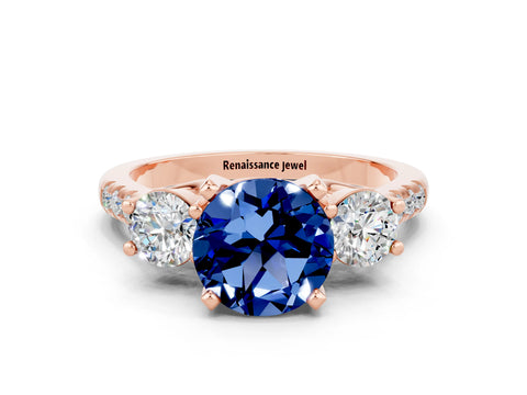 Rose gold Three-Stone Round Cut Blue Sapphire Pavé Band with Four-Prong Setting