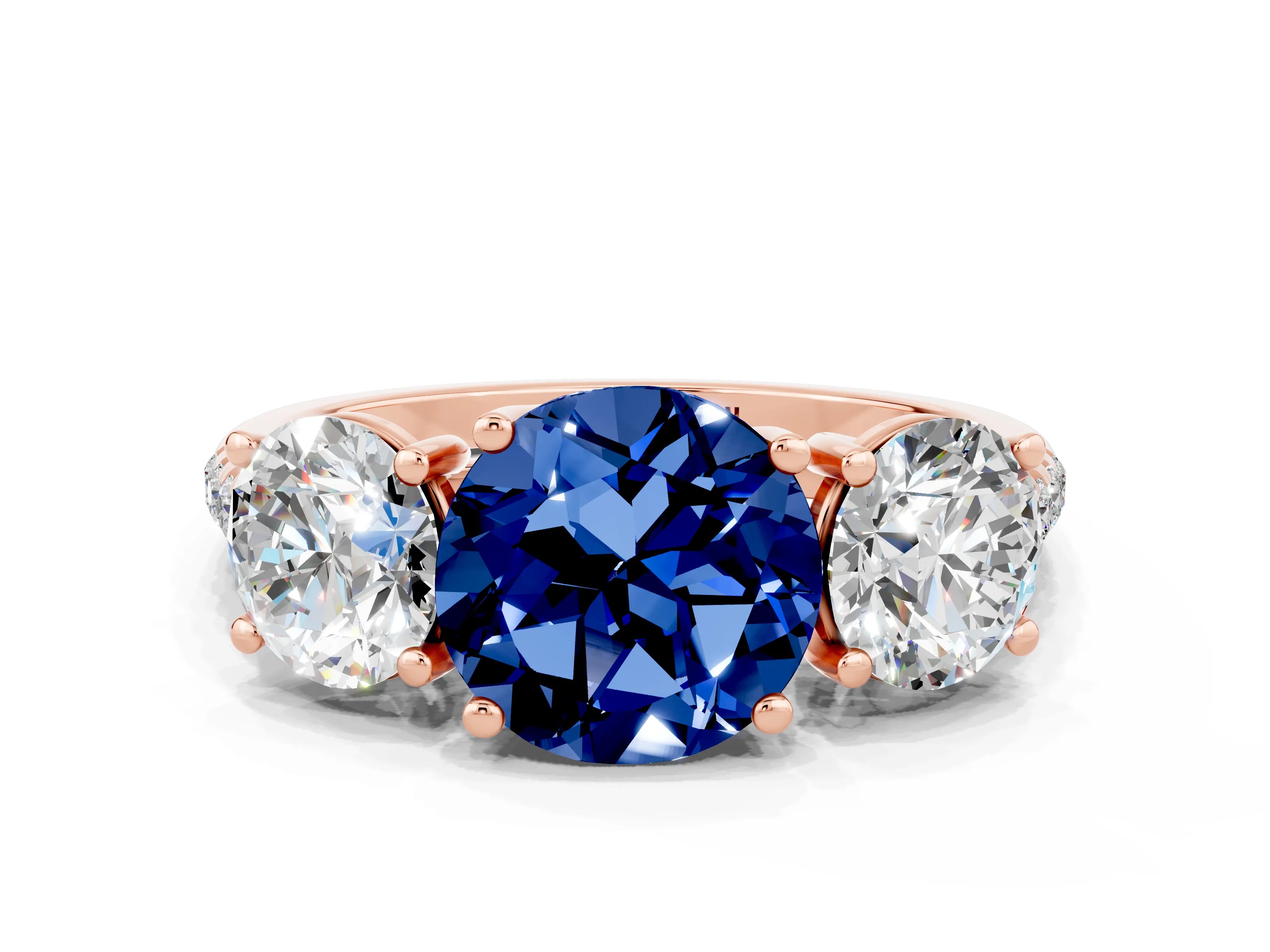 Rose gold Three-Stone Round Cut Blue Sapphire Ring with Pavé Band and Prong Setting_12