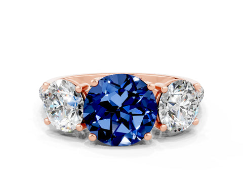 Rose gold Three-Stone Round Cut Blue Sapphire Ring with Pavé Band and Prong Setting_12