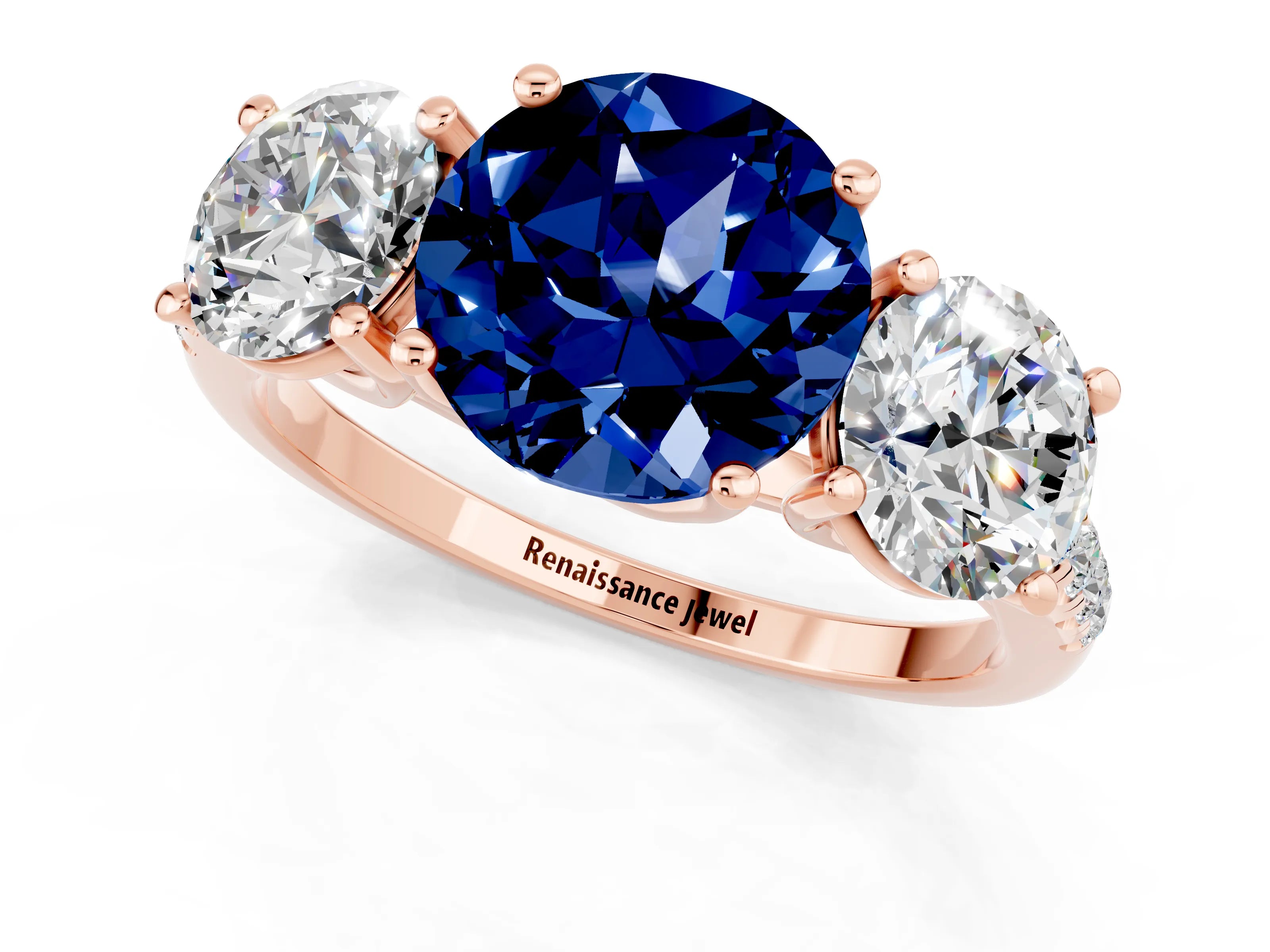 Rose gold Three-Stone Round Cut Blue Sapphire Ring with Pavé Band and Prong Setting_13