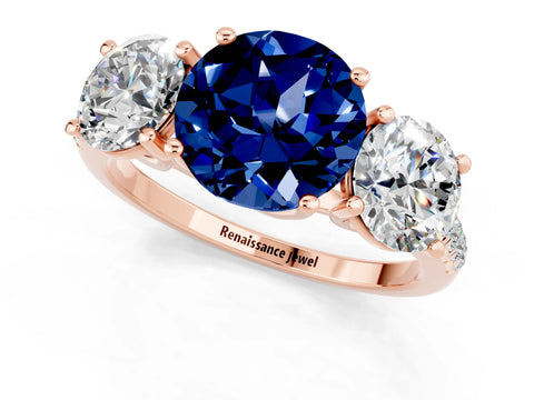 Rose gold Three-Stone Round Cut Blue Sapphire Ring with Pavé Band and Prong Setting_13