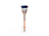 Rose gold Three-Stone Round Cut Blue Sapphire Ring with Pavé Band and Prong Setting_14