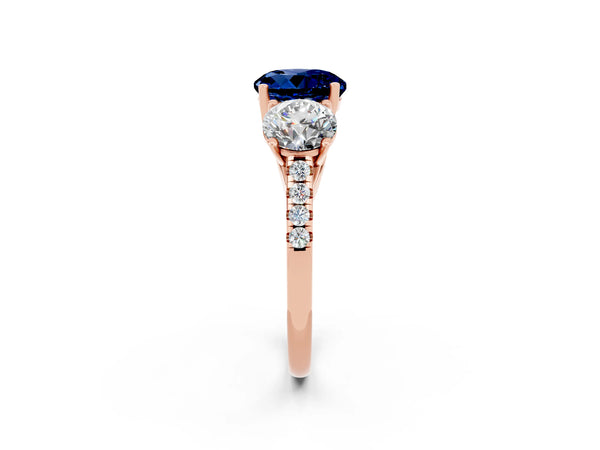 Rose gold Three-Stone Round Cut Blue Sapphire Ring with Round  Pavé Band and Prong Setting
