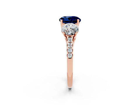 Rose gold Three-Stone Round Cut Blue Sapphire Ring with Pavé Band and Prong Setting_14