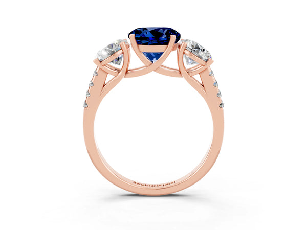 Rose gold Three-Stone Round Cut Blue Sapphire Ring with Round  Pavé Band and Prong Setting