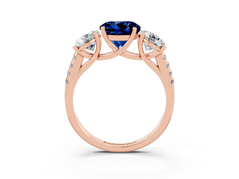 Rose gold Three-Stone Round Cut Blue Sapphire Ring with Pavé Band and Prong Setting_15