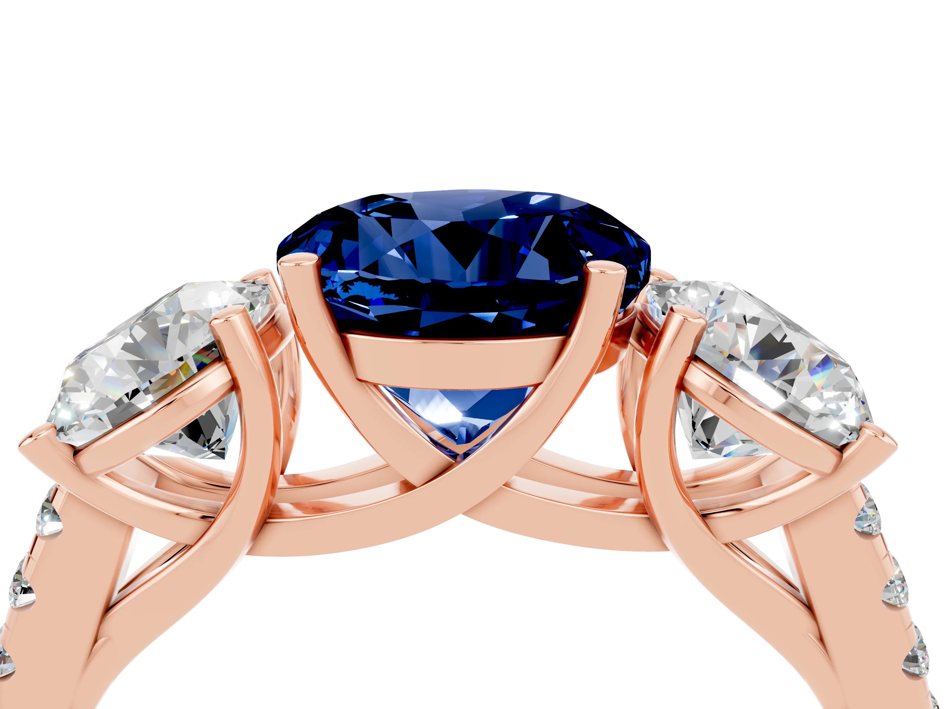 Rose gold Three-Stone Round Cut Blue Sapphire Ring with Pavé Band and Prong Setting_16