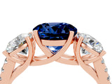 Rose gold Three-Stone Round Cut Blue Sapphire Ring with Pavé Band and Prong Setting_16