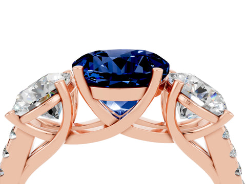 Rose gold Three-Stone Round Cut Blue Sapphire Ring with Pavé Band and Prong Setting_16