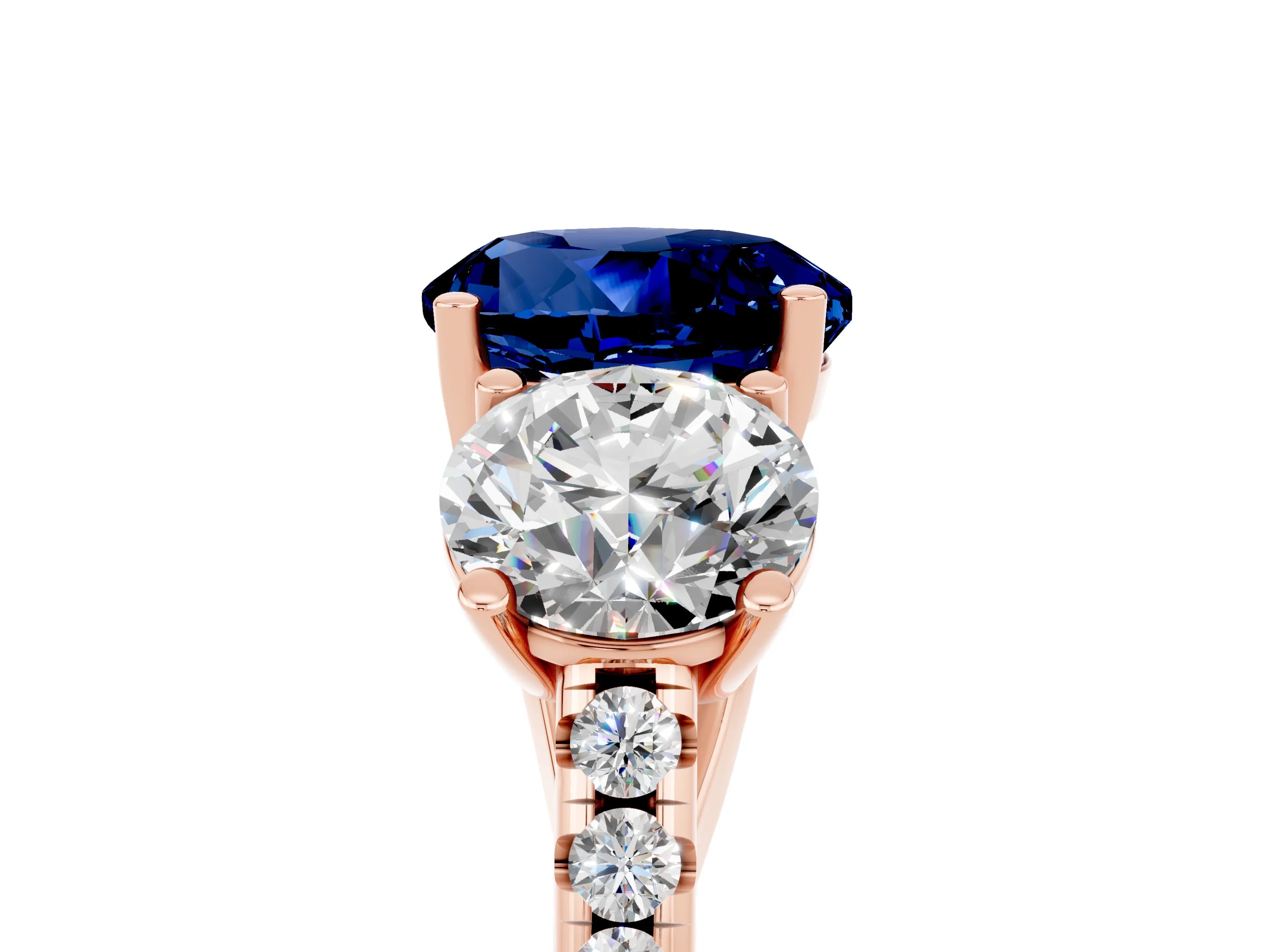 Rose gold Three-Stone Round Cut Blue Sapphire Ring with Pavé Band and Prong Setting_17